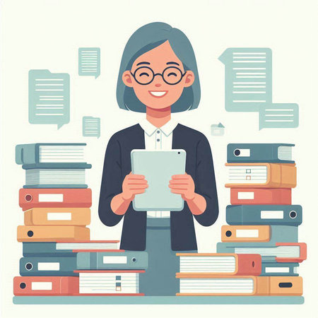 Cartoon businesswoman with tablet pc and pile of books. Vector illustration.のイラスト素材