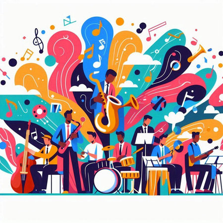 Musical instruments composition with people playing musical instruments flat vector illustration. Music band, jazz band, jazz concert concept for banner, website design or landing web pageのイラスト素材