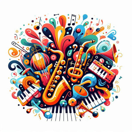 Music cartoon vector doodle illustration. Round composition with musical instruments and objectsのイラスト素材