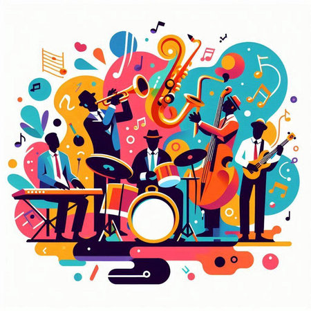 Musical instruments flat vector illustration. Music concert, jazz band, jazz band.のイラスト素材