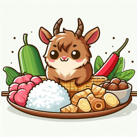 Illustration of a Cute Goat Eating Sushi with Vegetablesのイラスト素材