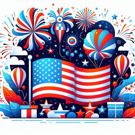 American flag with fireworks and gift boxes in the background. Vector illustration.のイラスト素材