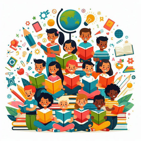 Vector illustration of a group of children reading books. Education concept.のイラスト素材