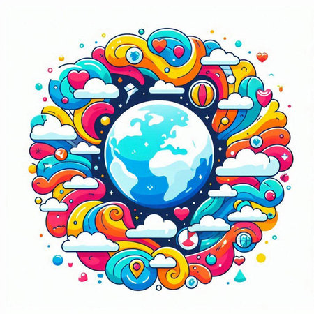 Vector illustration of Earth planet in circle with doodle elements.のイラスト素材