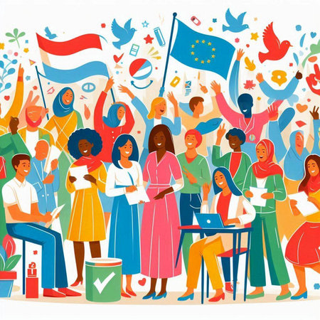 Vector illustration of a group of people with flags and symbols of the European Union.のイラスト素材