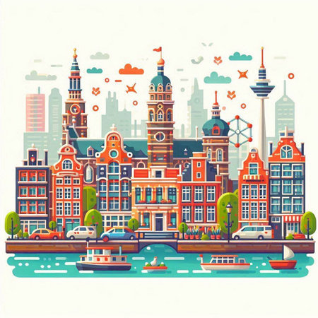 Amsterdam cityscape with famous buildings. Vector illustration in flat styleのイラスト素材