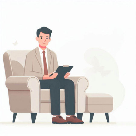 Businessman sitting in armchair and using tablet computer. Vector illustration.のイラスト素材