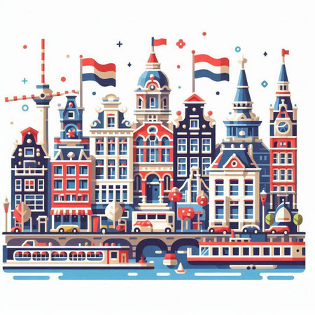 Amsterdam, Netherlands. Colorful hand drawn vector illustration in cartoon style.のイラスト素材