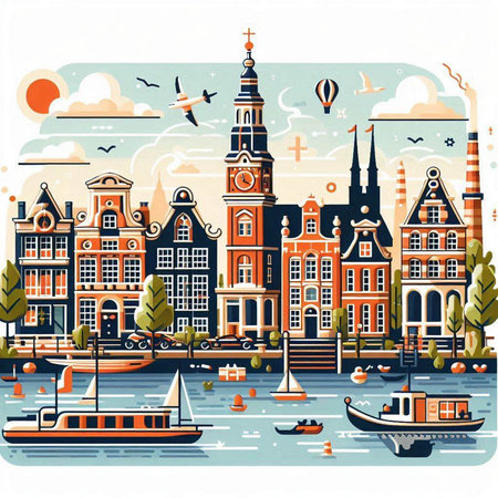 Amsterdam, Netherlands. Vector illustration in flat style. Travel and tourism.のイラスト素材