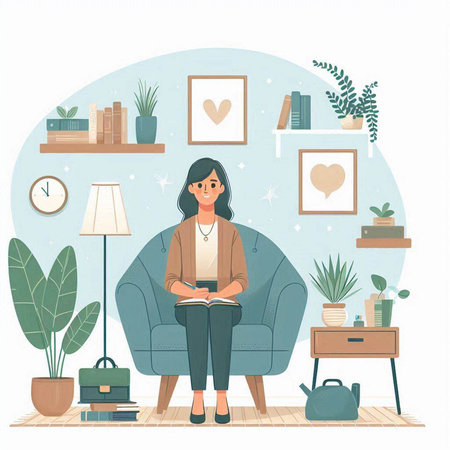 Woman sitting in armchair and reading a book. Flat style vector illustration.のイラスト素材