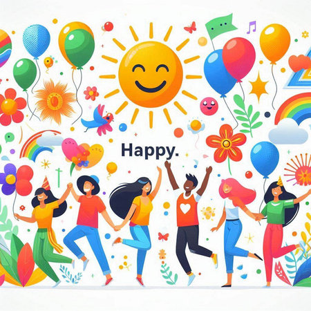 Happy girls and boys having fun at party. Cute cartoon vector illustration.のイラスト素材
