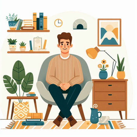 Young man sitting on armchair in living room. Flat vector illustration.のイラスト素材