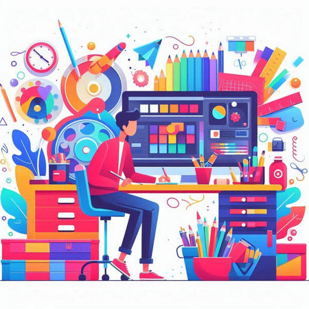 Creative graphic designer working in office. Vector illustration in flat styleのイラスト素材