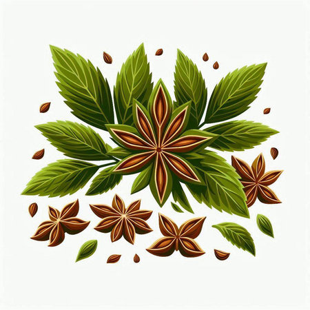 Illustration of star anise with leaves and seeds on white backgroundのイラスト素材