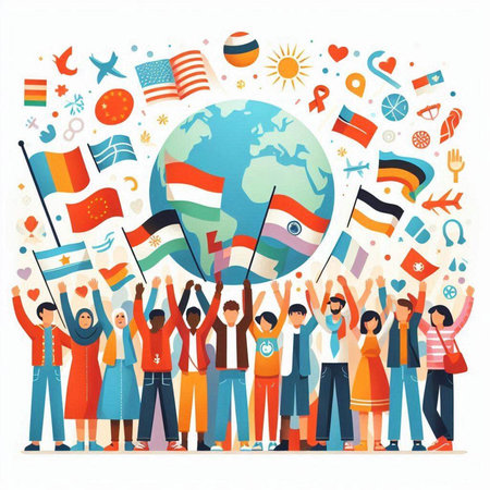 People holding flags of different countries around the globe. Vector illustration.のイラスト素材
