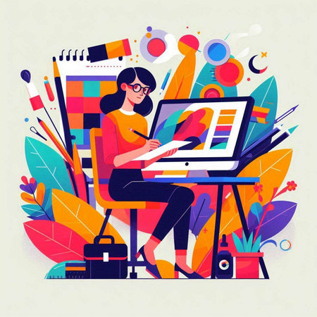 Vector illustration of young woman working on laptop at home office. Flat style design.のイラスト素材