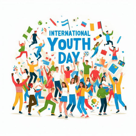 International Youth Day. Group of happy young people jumping and dancing. Vector illustration.のイラスト素材
