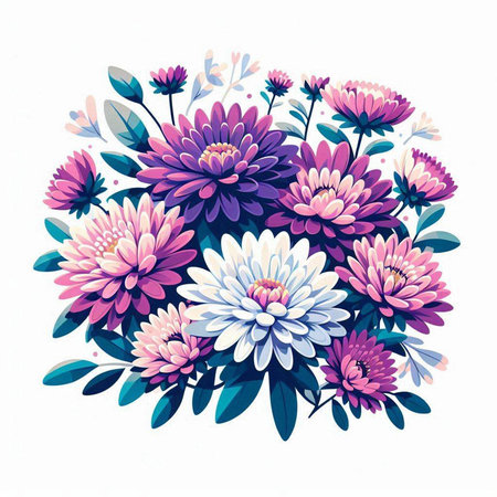 Bouquet of pink and blue chrysanthemums. Vector illustration.のイラスト素材