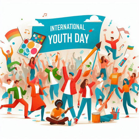 International Youth Day. Group of young people celebrating with flags and music. Vector illustration.のイラスト素材