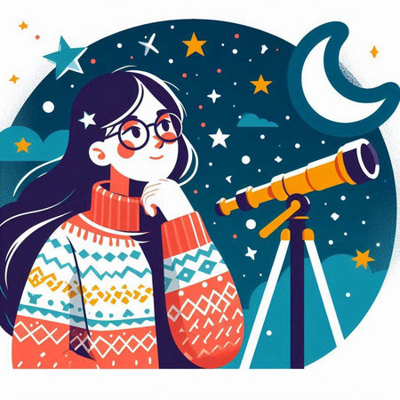 Girl looking through a telescope on the starry sky. Vector illustration.のイラスト素材