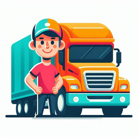 Courier in uniform with truck. Vector illustration in cartoon styleのイラスト素材