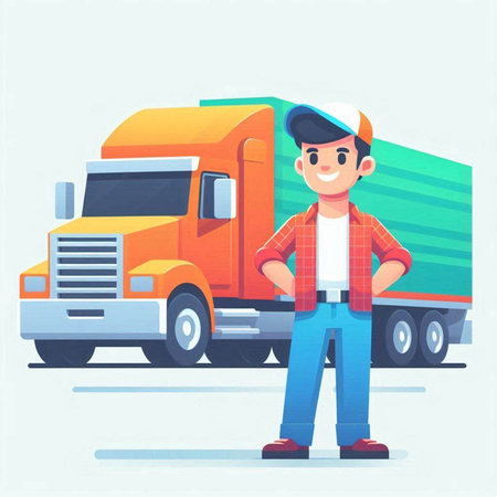 Courier man standing near truck. Flat style vector illustration.のイラスト素材