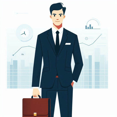 Businessman with briefcase standing on city background. Vector illustration.のイラスト素材
