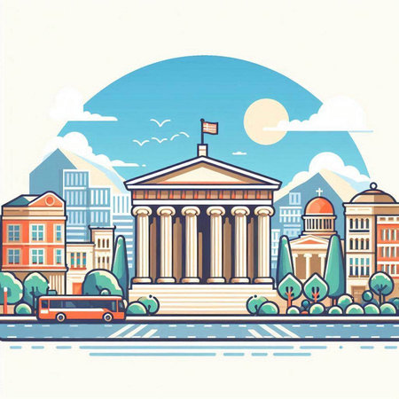 Flat design illustration of a classical building on the background of the city.のイラスト素材