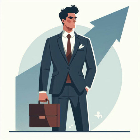 Businessman with briefcase and arrow. Vector illustration in flat styleのイラスト素材