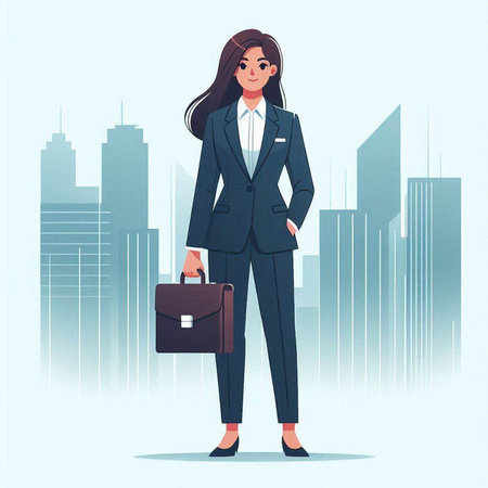 Business woman with briefcase on the background of the city. Vector illustrationのイラスト素材