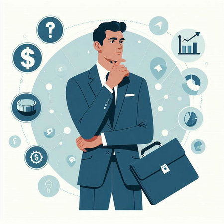 Businessman thinking about money. Vector illustration in a flat style.のイラスト素材