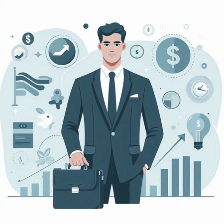 Businessman standing with briefcase. Vector illustration in flat style.のイラスト素材