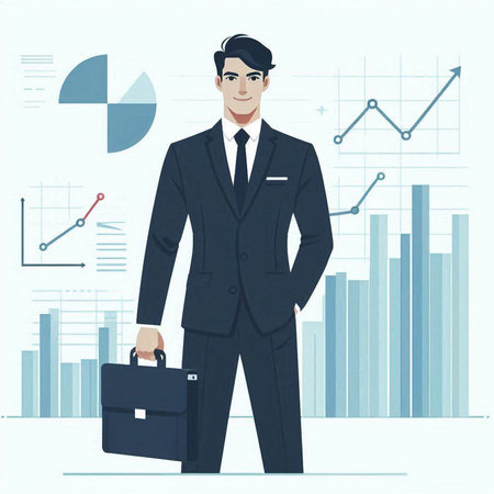 Businessman standing with briefcase. Vector illustration in flat style.のイラスト素材