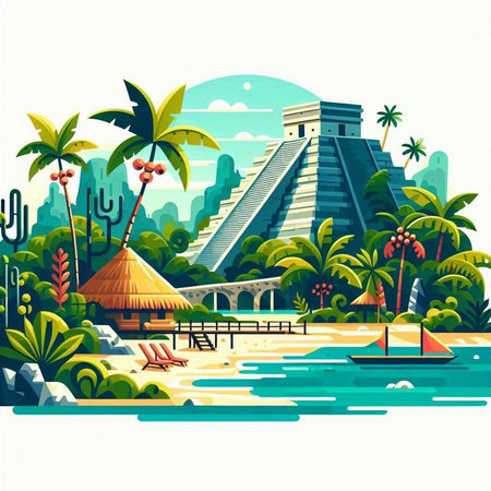 Tropical beach with palm trees and a pyramid. Vector illustrationのイラスト素材