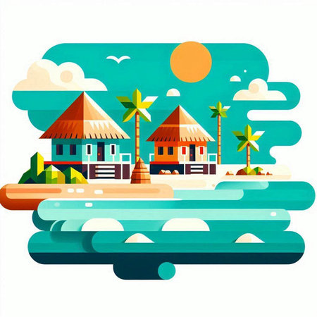 Beach with palm trees and bungalows. Vector illustration.のイラスト素材