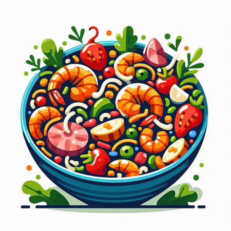 Vector illustration of a bowl of vegetable salad with shrimps and vegetablesのイラスト素材