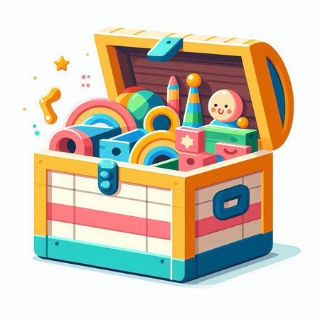 Wooden chest full of toys. Vector illustration in cartoon style.のイラスト素材