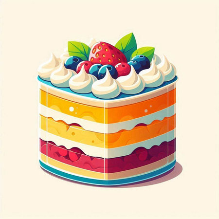 Cake with cream and berries. Vector illustration in retro style.