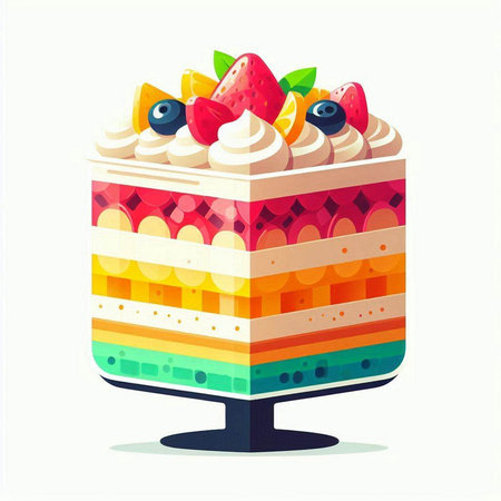 Colorful cake with cream and fruits on a white background. Vector illustration.