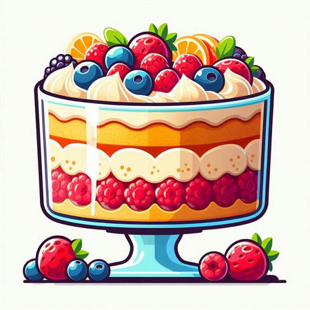 Cake with cream and berries. Vector illustration in cartoon style.