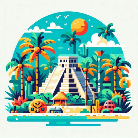 Vector illustration of the famous pyramid of Cheops on the background of palm trees.