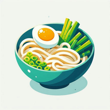 Illustration of a bowl of noodle soup with egg and celery