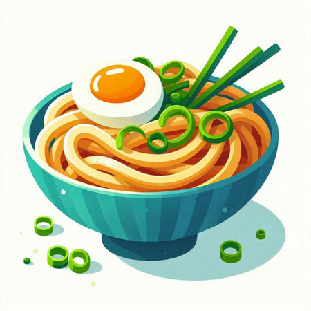 Bowl of noodle with egg and green onion. Vector illustration.