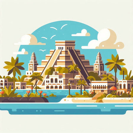 Tropical beach with famous landmarks of Egypt. Vector illustration.