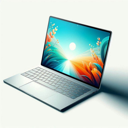 Laptop with abstract nature and sun on the screen, vector illustration