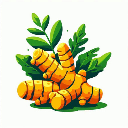 Fresh turmeric root with leaves isolated on white background. Vector illustration.