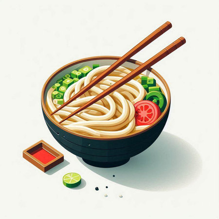 Bowl of Japanese noodle soup with chopsticks. Vector illustration.