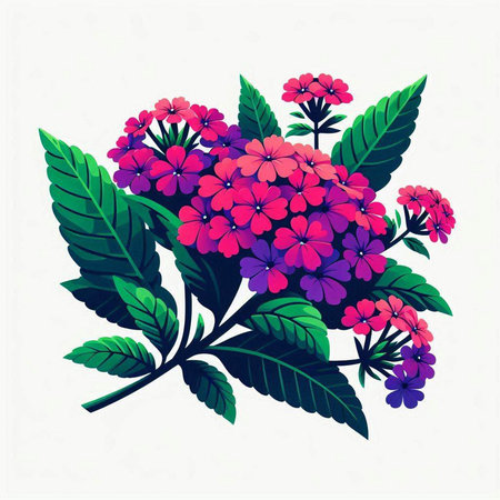 Bouquet of pink flowers with green leaves. Vector illustration.