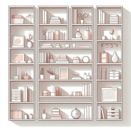 Vector illustration of bookshelves with books and decorations in pastel colors