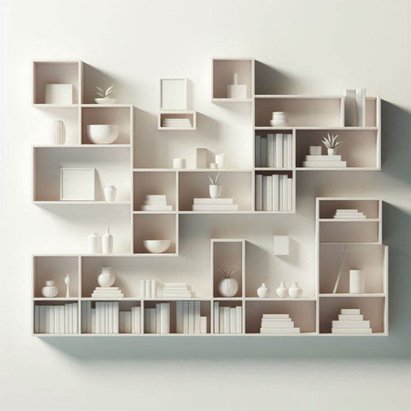 White bookshelves with books and decorations. 3d render.のイラスト素材
